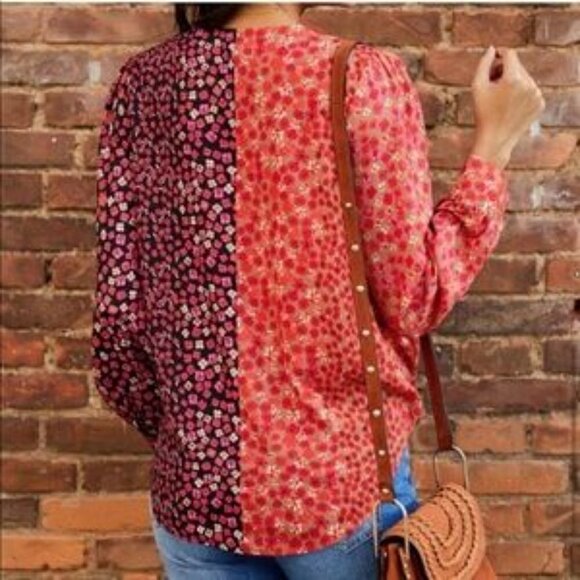 Floral Red Multicolored Boho Twisted Wrap Blouse Shirt Size Small - Picture 2 of 13